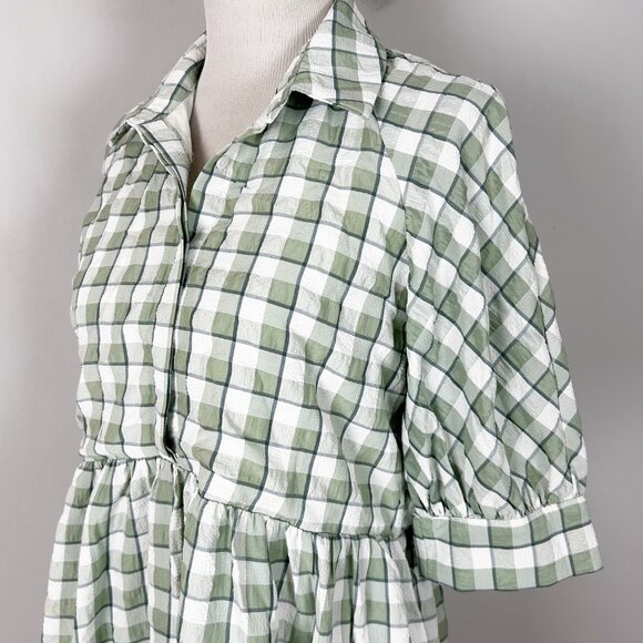 English Factory Sage Green Checkered Plaid Babydoll Dress Tiered Size Medium Wom - Picture 3 of 6
